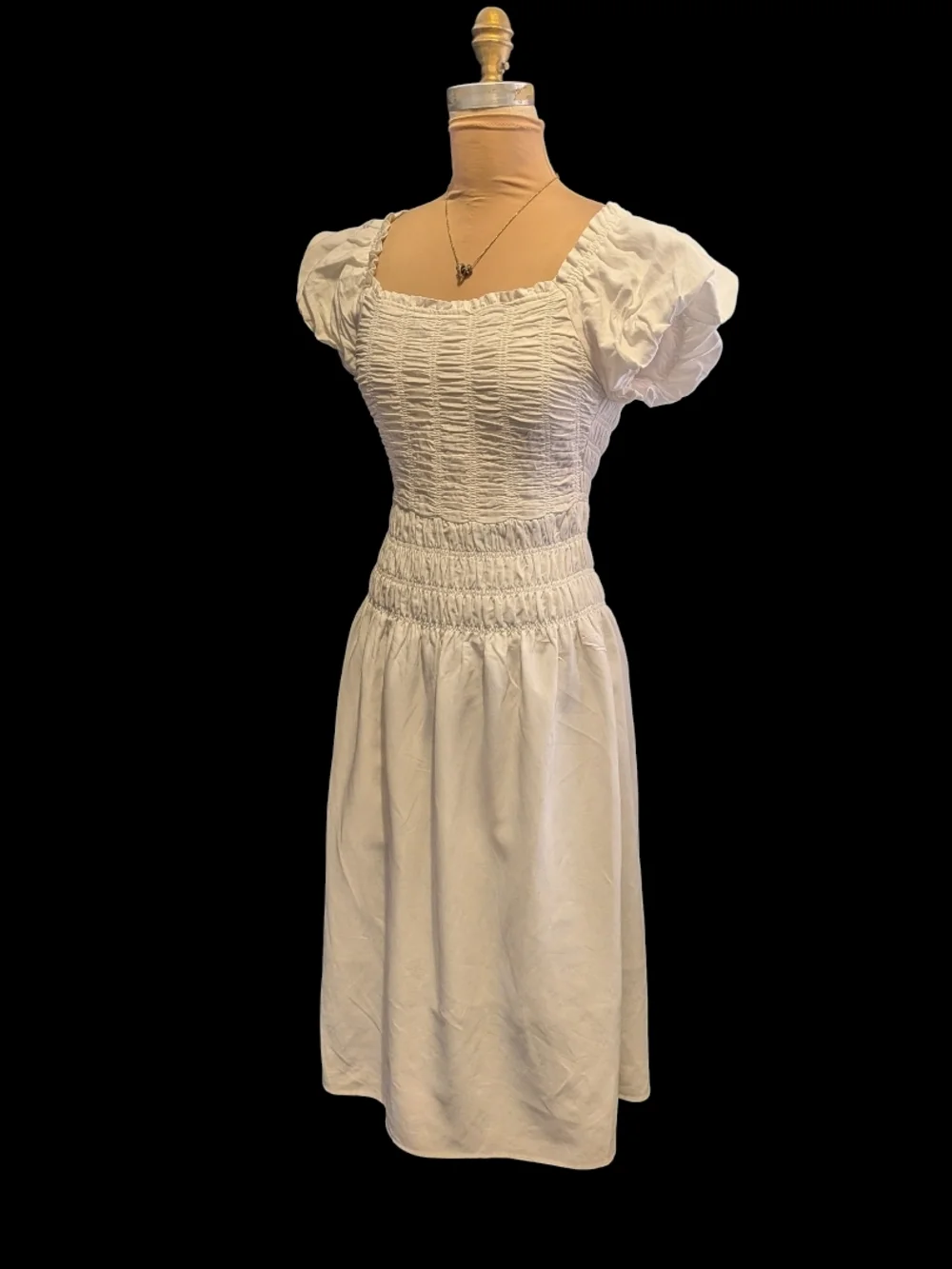 NWT "MALTA" Dress By KOURT. Smocked Puff-Sleeve White Midi Dress XS - Picture 5 of 7
